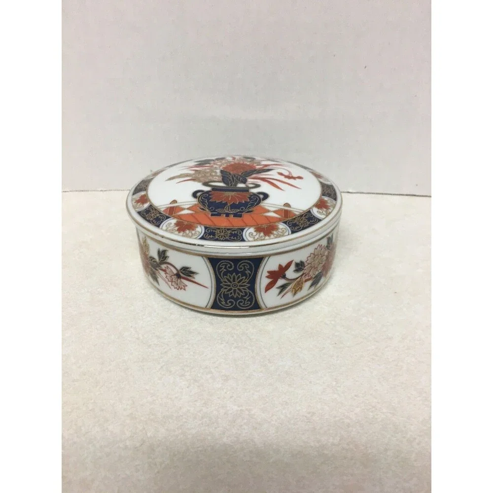 Vintage Oriental Porcelain Trinket Box Gold Rimmed Blue Red Gold Floral Design